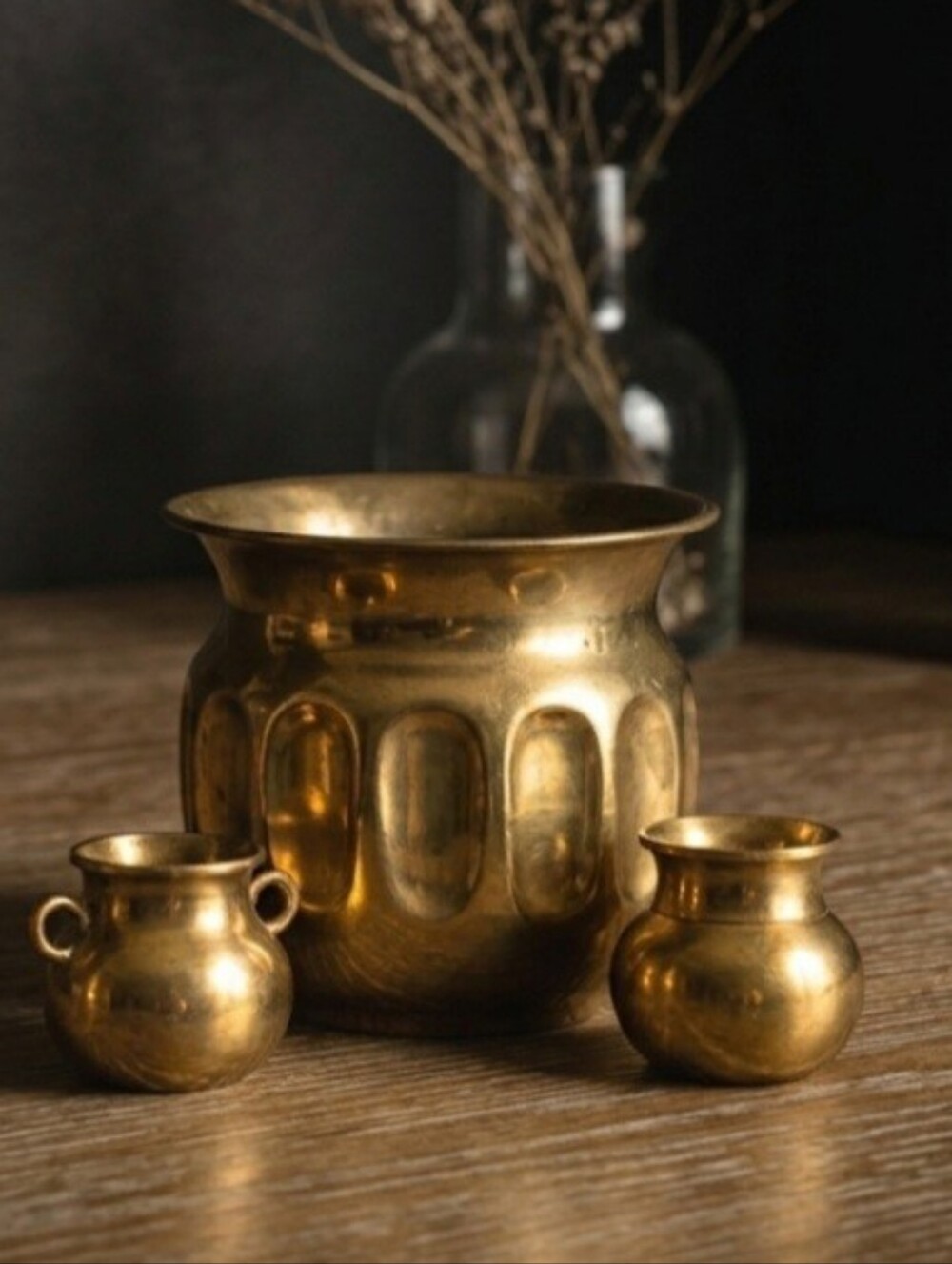 Vintage Brass Trio Vase Set - Dark Academia Shelf Decor